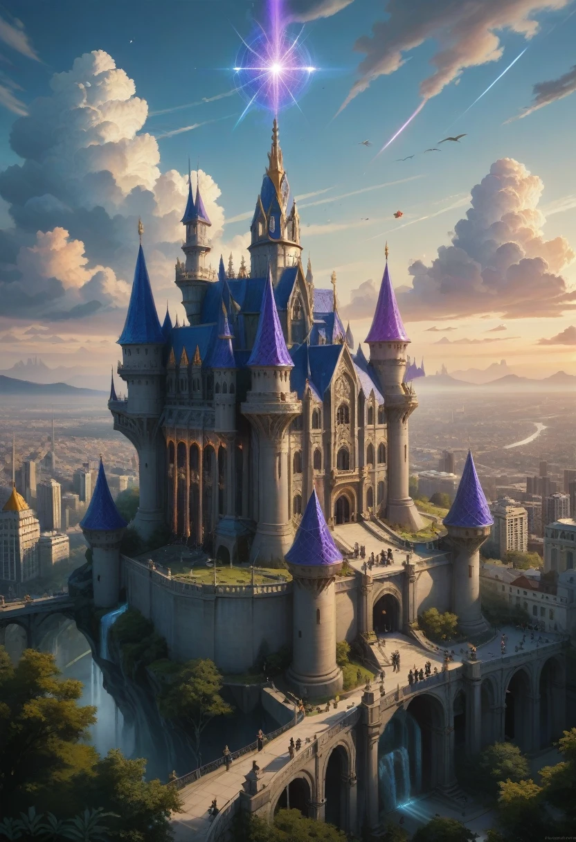 ((master piece)), best quality, (8k, best quality, masterpiece:1.2), ultra-detailed, illustration, big fantasy city, Science fiction, ethereal city, Floating city, many planets in the skies, clouds around, celestial architecture, purple energy scarring around, Giant castle in the center, astral skies