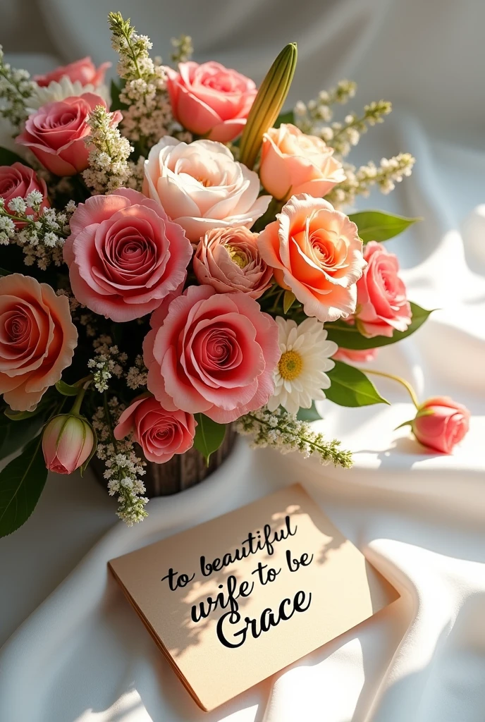 Create a banquet of flowers with a card Written "To beautiful wife to be Grace"