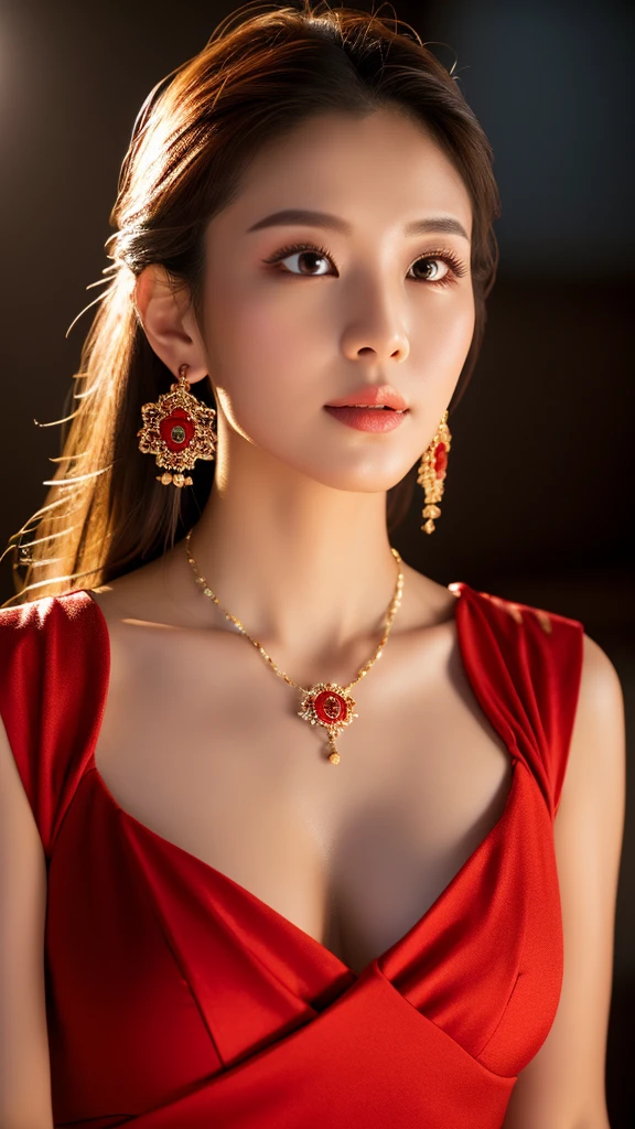 最high quality, masterpiece, High resolution, One person, Chinese Hanfu,Chinese Architect Background, Red scarf, hair ornaments,necklace, jewelry,Beautiful Face,On top of that_body, Tyndall effect,Realistic, Dark studio, Rim Light, Two-tone lighting,(Skin with attention to detail:1.2), 8k uhd, Digital SLR, Soft lighting, high quality, Volumetric lighting, Frank, photograph, High resolution, 4K, 8k, Bokeh,Girl in a red dress