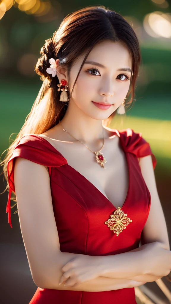 最high quality, masterpiece, High resolution, One person, Chinese Hanfu,Chinese Architect Background, Red scarf, hair ornaments,necklace, jewelry,Beautiful Face,On top of that_body, Tyndall effect,Realistic, Dark studio, Rim Light, Two-tone lighting,(Skin with attention to detail:1.2), 8k uhd, Digital SLR, Soft lighting, high quality, Volumetric lighting, Frank, photograph, High resolution, 4K, 8k, Bokeh,Girl in a red dress