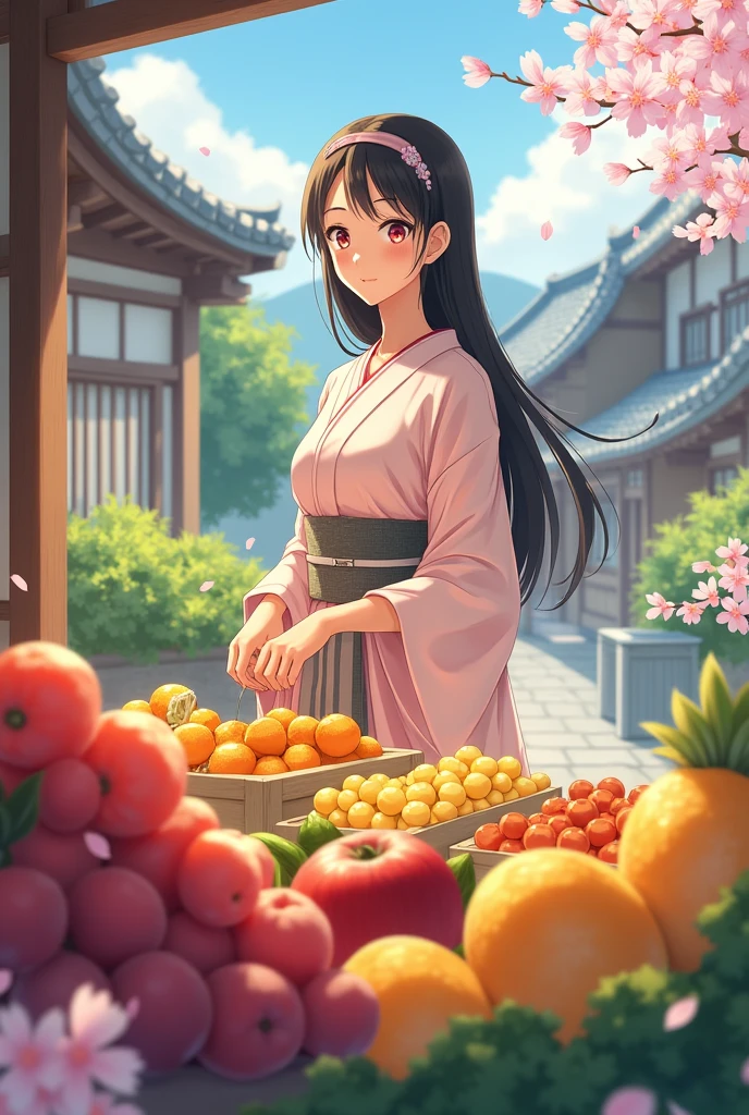 Healing anime style。Women choosing vegetables and fruits at a stall