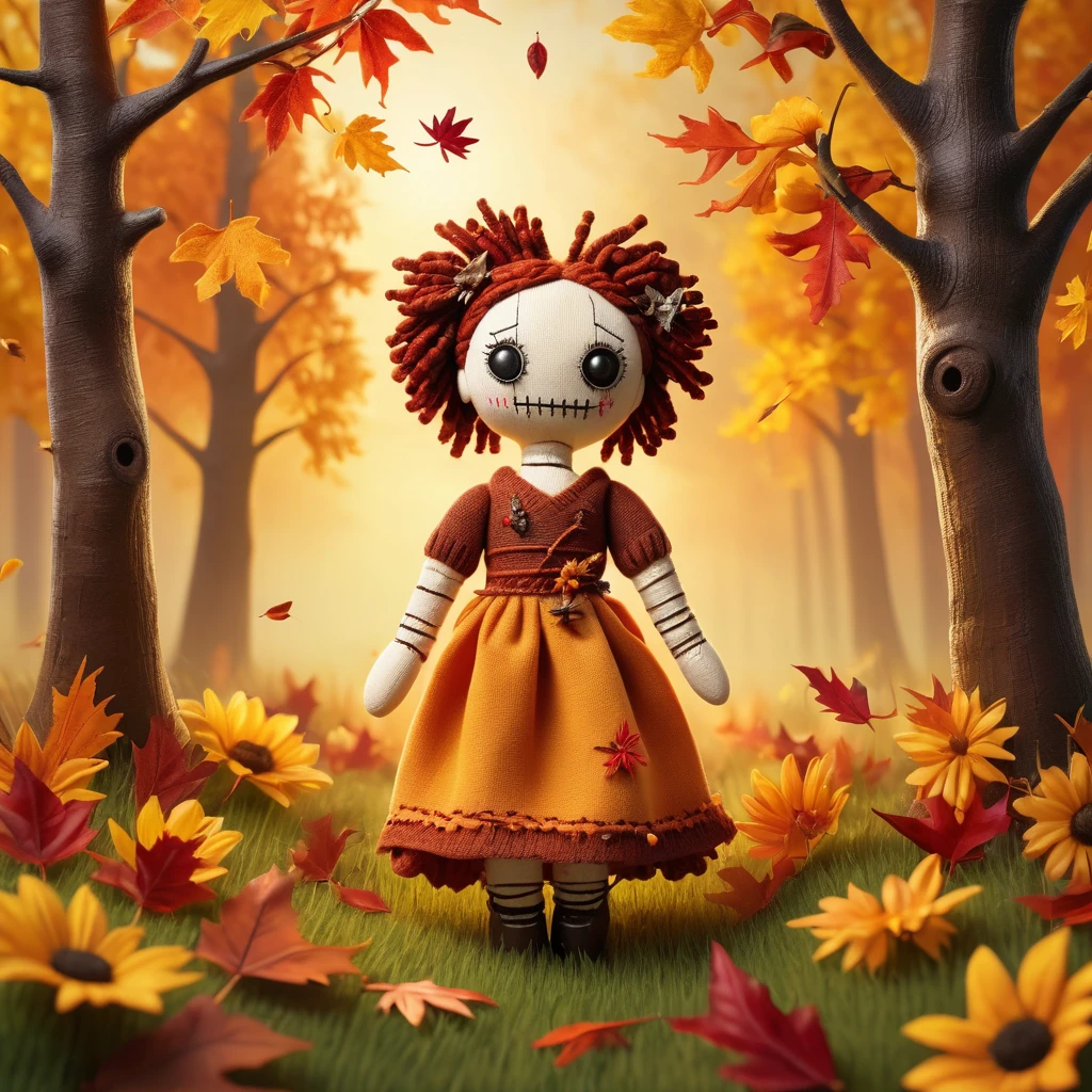 (knitted toy voodoo doll:1.7), (Voodoo Doll saying goodbye to the last days of summer and welcoming autumn:1.5), (Clothing: a light summer dress transitioning into a cozy autumn sweater, with falling leaves pattern:1.0), (Accessories: a small, glowing sunflower in one hand, a gently falling autumn leaf in the other:1.2), (background: a sunlit meadow fading into a forest with trees turning golden and red, the sky transitioning from warm summer hues to the crisp oranges and browns of fall:1.3), (lighting: soft, warm light blending into the cooler tones of early autumn, casting a serene and reflective atmosphere:1.2), best quality, masterpiece, detailed soft oil painting, detailed background, dramatic cinematic lighting, soft edge lighting, professional, dramatic lighting, hard edge lighting, ultra quality, 4k,masterpiece, best quality, 8k, ultra highres, highres, extremely detailed