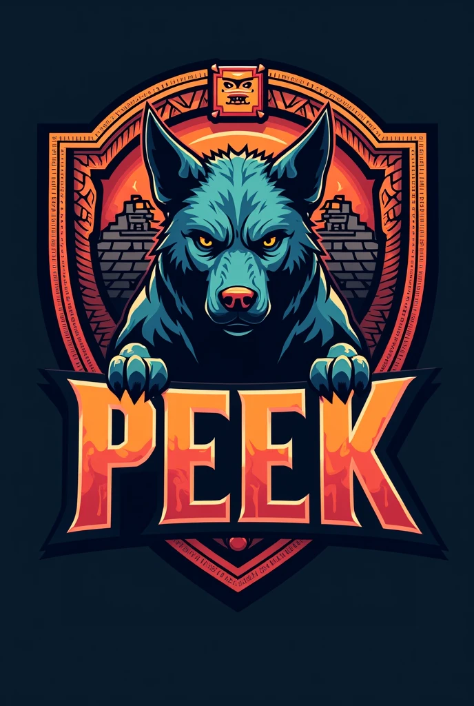 mayan style dog logo, for a sports team named Peek and that has striking colors but the dog looks imposing and that everything is surrounded by a border in the shape of a Mayan shield that has the name Peek with striking words that the border has more Aztec details that has the dog glyph that has more details of Mayan structures in the background and on the shield