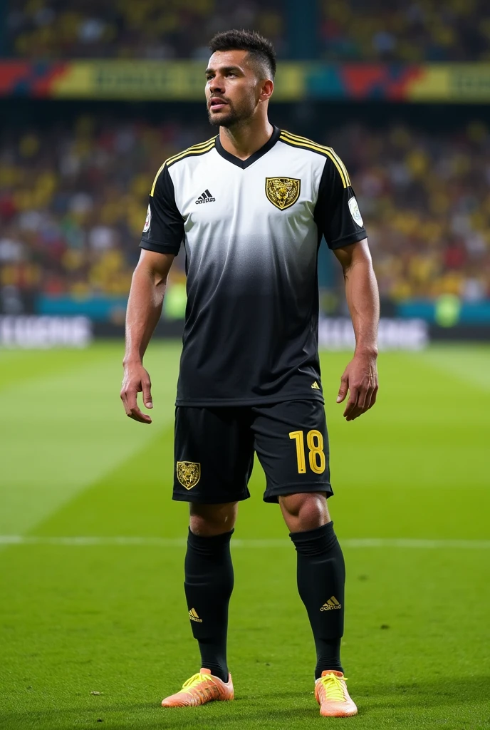 Soccer uniform like Colombia&#39;s, only with a gradient of black and white, the uniform logo is a tiger 
