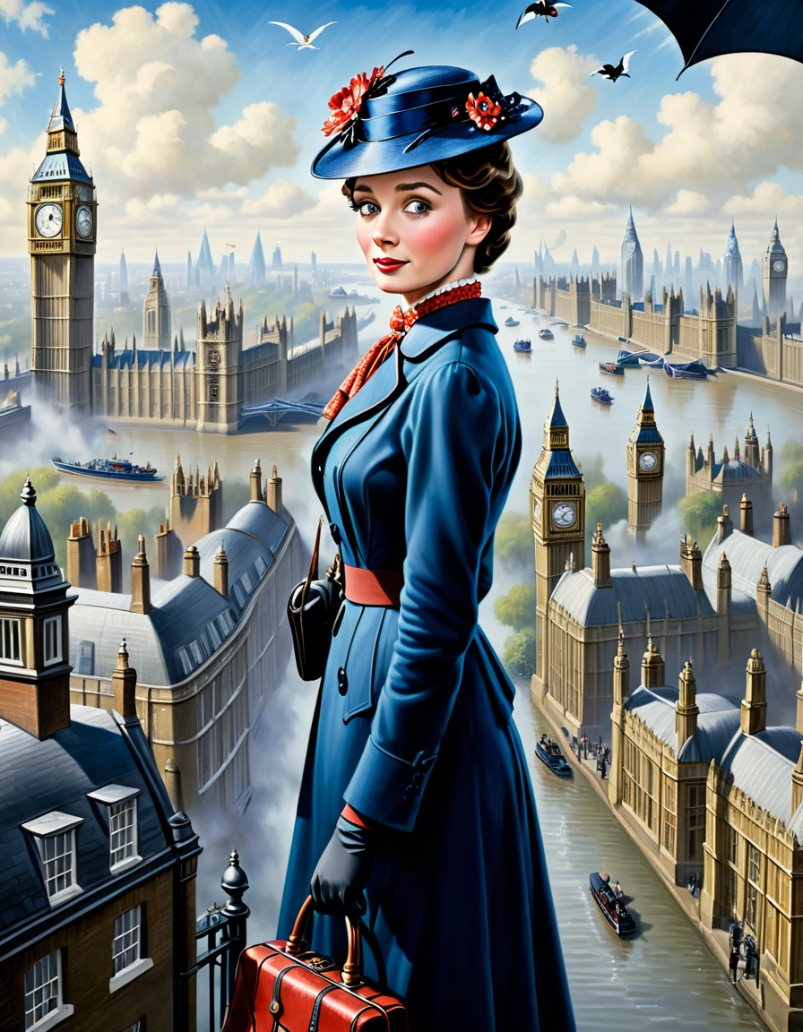 A perfect portrait picture of an enigmatic nanny Mary Poppins [Emily Blunt:Maude Adams:0.35] with aerial background of London in 1934, insanely detailed and intricate, ultra realistic style oil on canvas painting, Don Lawrence Style