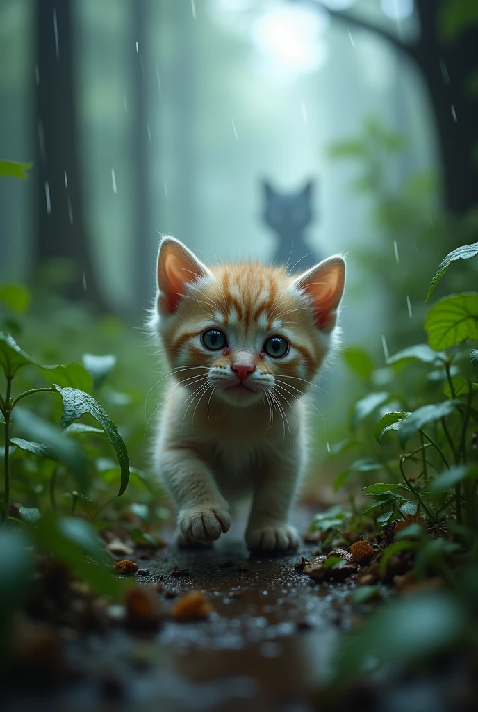 Cute close-up photo of a kitten lost in the woods., Overcast (rain: 1.3), (Kinetics: 1.2), complicated details, ((A cat walks in the forest.)), Big cat