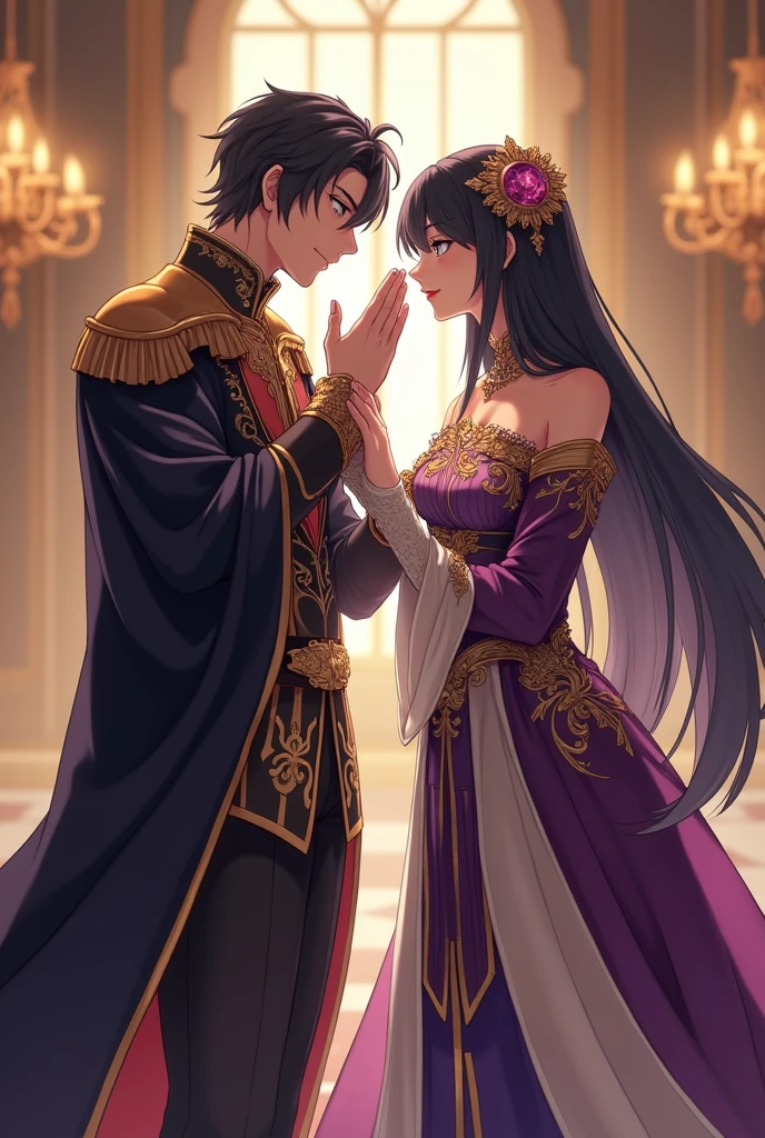 ((best quality)), ((masterpiece)), (detailed), perfect face Wriothesley from Genshin Impact dressed in regal, royal attire befitting his title as a Duke. His outfit should include an elegant, richly detailed coat with gold embroidery, a high collar, and a flowing cape. He is in a grand, ornate hall with chandeliers and marble floors, bowing slightly as he gently kisses the hand of a woman. The woman has long black hair and is dressed in a luxurious gown with shades of purple and white, featuring intricate designs and flowing fabric. Both characters should exude grace and nobility, with a subtle, romantic atmosphere between them.
