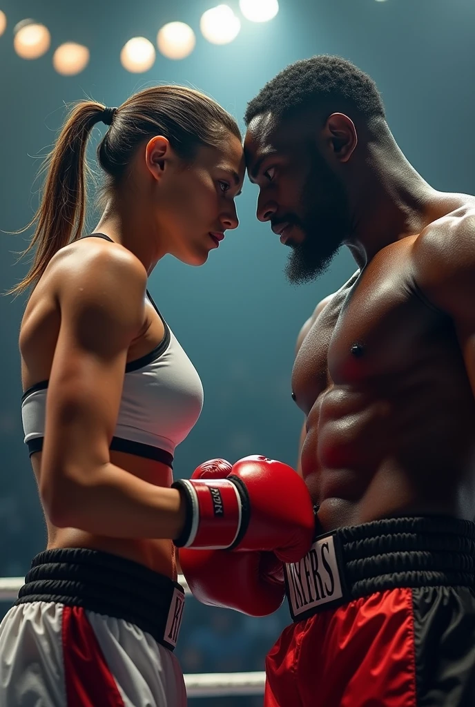 A white girl vs a black boy fight in a boxing ring but the girl is shorter than the boy