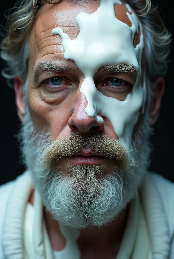 Bearded white man, 30, with his face smeared with milk