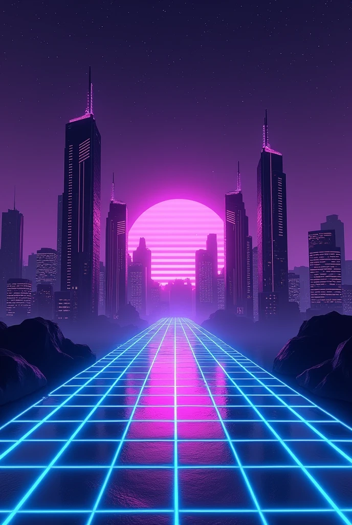 Synthwave background dark purple retro futuristic backdrop with blue perspective grid and sky full of stars,Skyscrapers