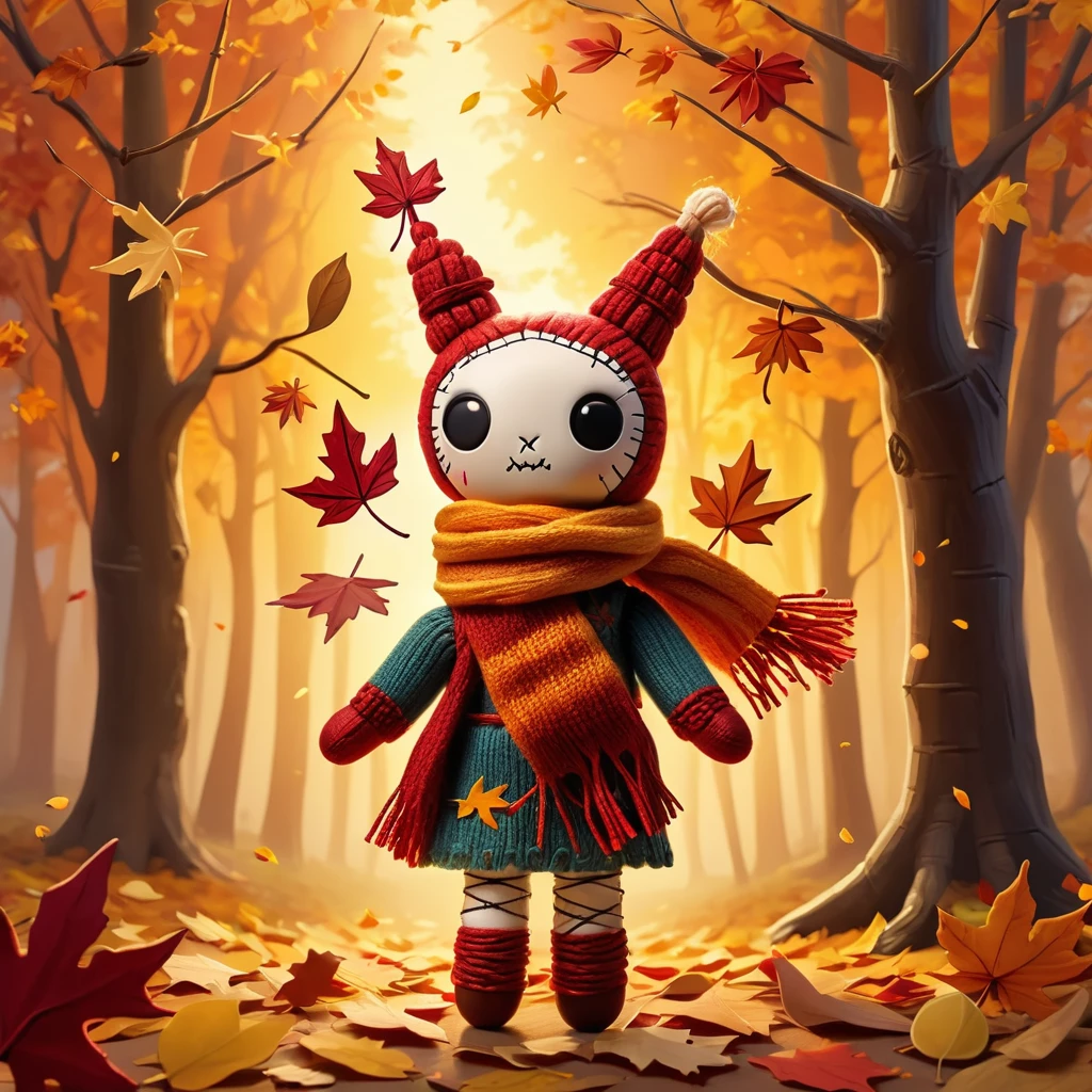(knitted toy voodoo doll:1.7), (Voodoo Doll welcoming autumn:1.5), (Clothing: a cozy autumn sweater with earthy tones, scarf with leaf patterns:1.0), (Accessories: small, glowing lantern held in one hand, falling leaves around the doll:1.2), (background: a scenic landscape with trees shedding golden and red leaves, birds flying south in a V-formation across the sky:1.3), (lighting: soft, golden autumn sunlight filtering through the trees, creating a warm and inviting atmosphere:1.2), best quality, masterpiece, detailed soft oil painting, detailed background, dramatic cinematic lighting, soft edge lighting, professional, dramatic lighting, hard edge lighting, ultra quality, 4k,masterpiece, best quality, 8k, ultra highres, highres, extremely detailed