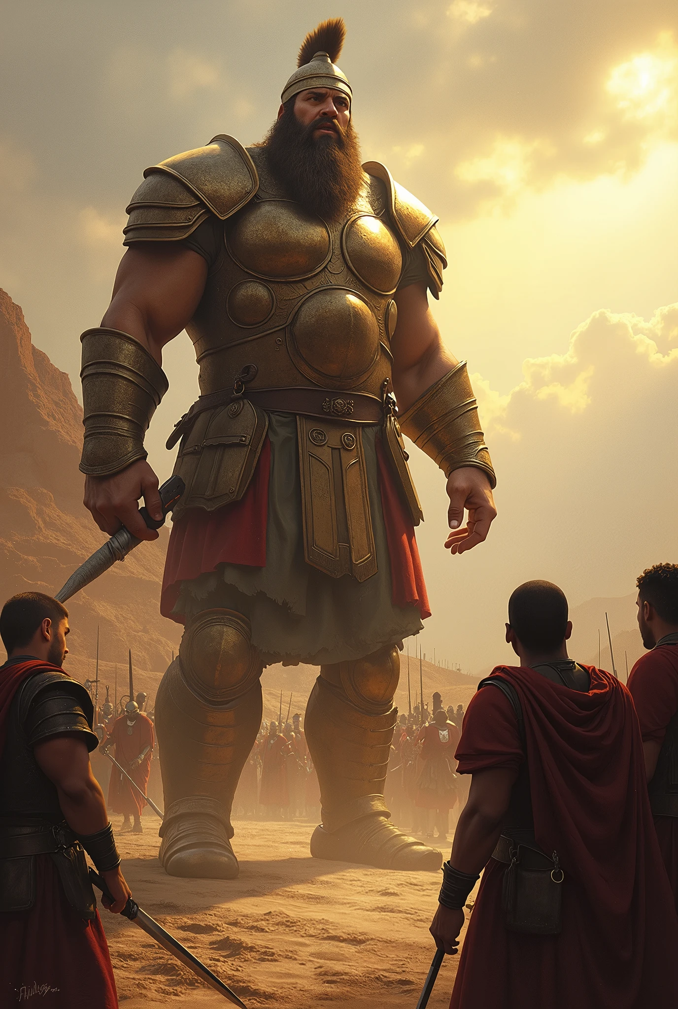 - Panel 2: Goliath challenges the Israelites to choose a champion for a single combat. - Goliath: "Choose a man to fight me! If I win, we will be your servants; If I win, you will be ours!" Create an illustration about it