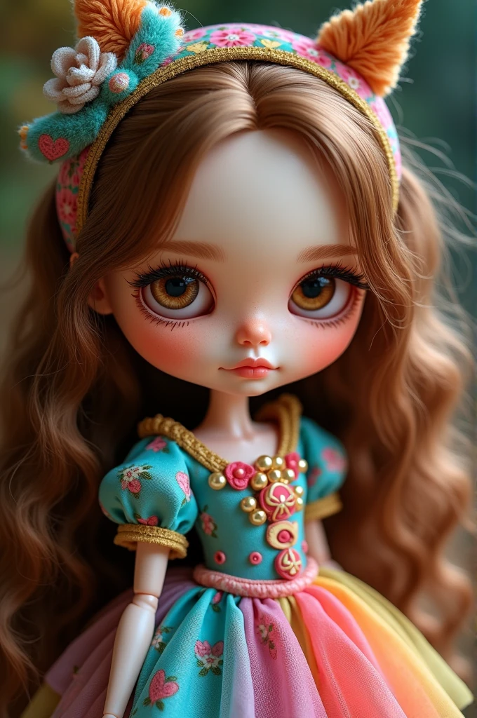 make me a blythe doll with white skin, long curly hair, brown eyes and colorful clothes