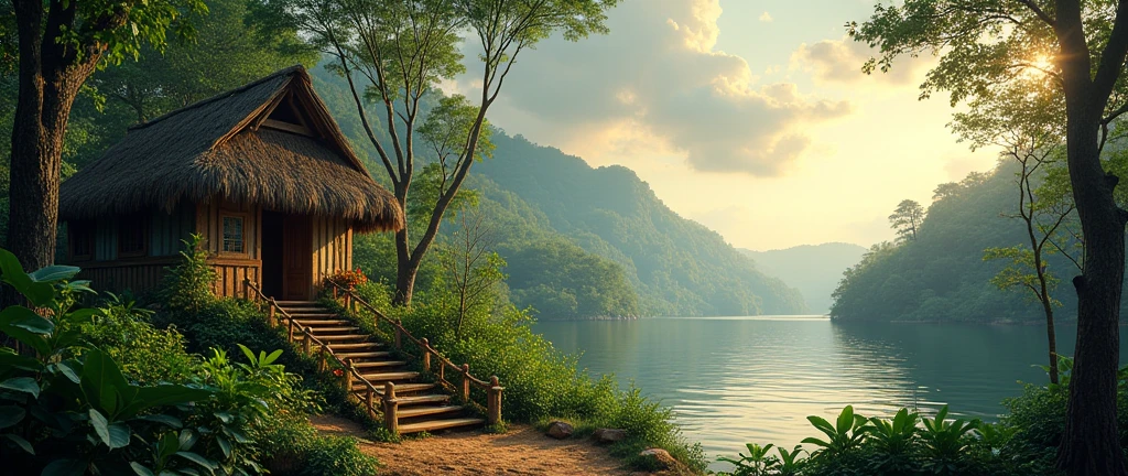 (piece of art: 1)، (wide view: 1.7)، (African forest, lake and small hut: 1.6)، (Beautiful color palette: 1.3), silence, (Up, old light: 1.4)، (Bougainvillea flowers above the entrance: 1.5), wonderful sky, (dim light: 1.2), security, (soft sunlight: 1.3)، (Lush tropical plants near the stairs: 1.5)، (Calm atmosphere: 1.2)، (beautiful scenery: 1.3)، (Beautiful aesthetics: 1.2)، (wide open sky: 1.4)، نغمات جميلة، ألوان دقيقة, security, (clarification: 1.0)، تكوين ملحمي، إضاءة واقعية، تفاصيل عالية الدقة، piece of art، أفضل جودة، اسلوب افلام الكرتون