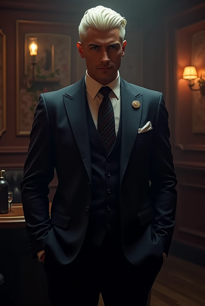 mafioso man, new guy who appears to be a mafia boss in a suit, platinum hair and beautiful