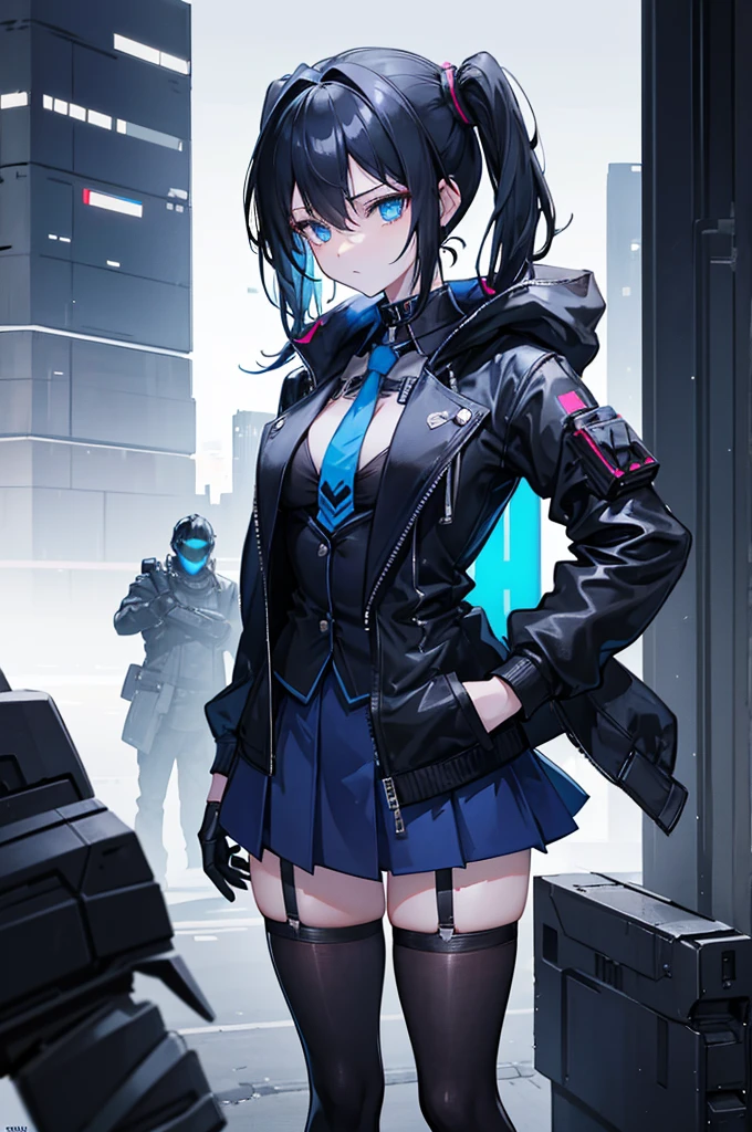 Face_through_torso, 1girl, short_twintails(black_hair,Cyberpunk design hair tie), blue eyes(half closed_eyes), expression_face, A young noble, exuding elegance and authority, dressed in a black jacket over a crisp white shirt, paired with a short blue tie that reflects a subtle cyberpunk influence. She wears a dark blue skirt that reaches above her knees, complemented by black thigh-high stockings. Hovering beside her is a high-tech combat drone, emphasizing her connection to advanced technology and adding a layer of protection to her refined presence.