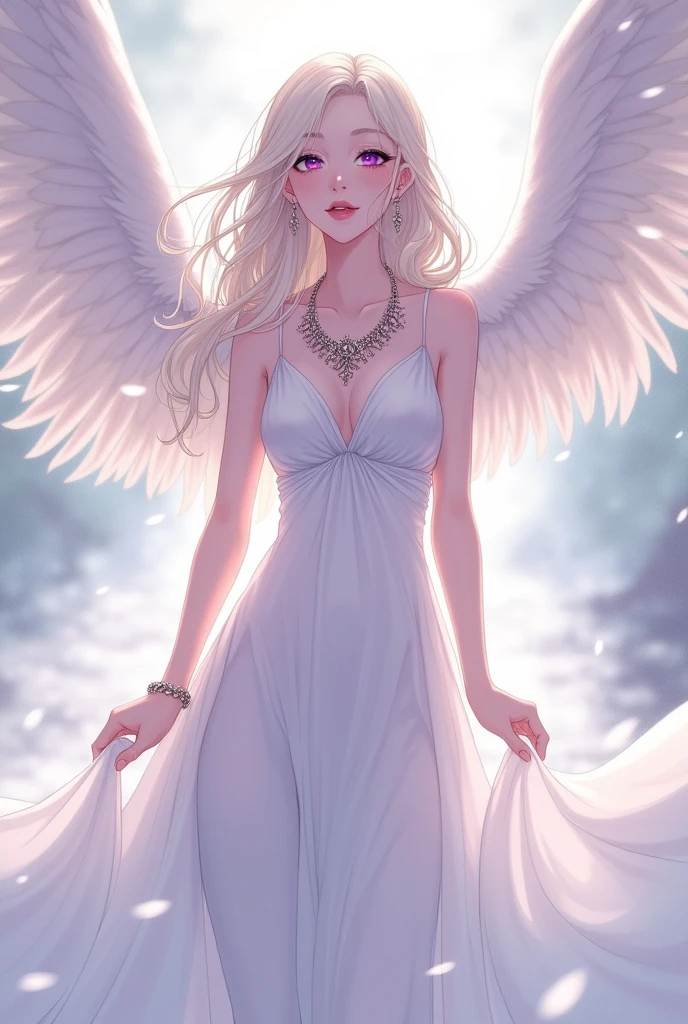 Anime Angel purple white dress with huge wings and wearing beautiful necklace
Yenyen Qhiu words in the picture