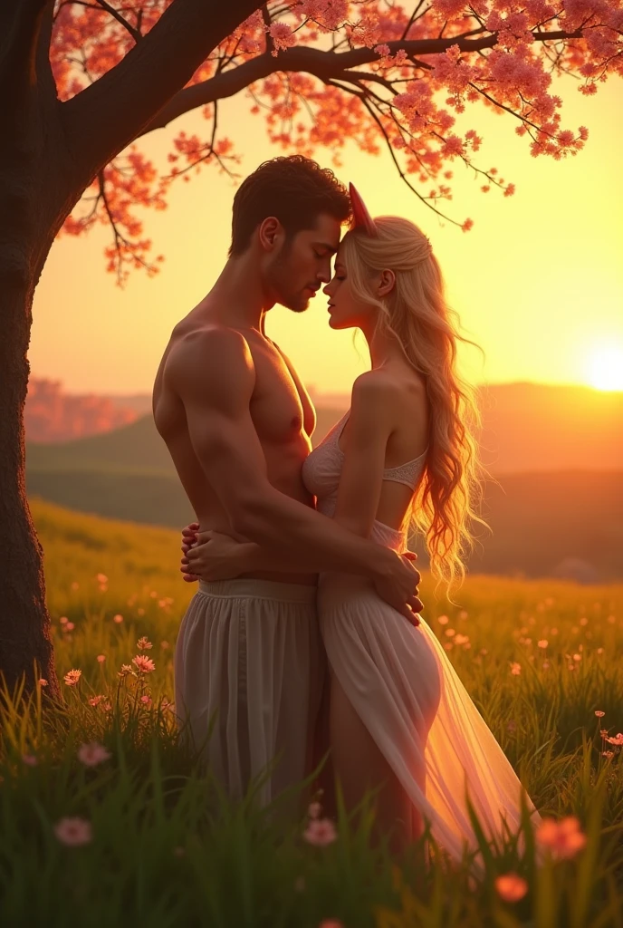 Image realistic. Two sexy blonde and brunette girls and a man kissing in a field, sensual 8k lighting, beautiful romantic sunset, under a beautiful cherry tree, Goldenhour, cat ears, attractive body, in the golden hour, at sunset, bathed in golden light, light and transparent dresses. Hot with the sun shining, in the golden hour, golden hour scene, golden hour, beautiful and hot scene.