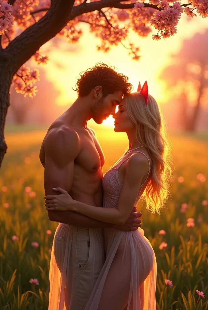 Image realistic. Two sexy blonde and brunette girls and a man kissing in a field, sensual 8k lighting, beautiful romantic sunset, under a beautiful cherry tree, Goldenhour, cat ears, attractive body, in the golden hour, at sunset, bathed in golden light, light and transparent dresses. Hot with the sun shining, in the golden hour, golden hour scene, golden hour, beautiful and hot scene.