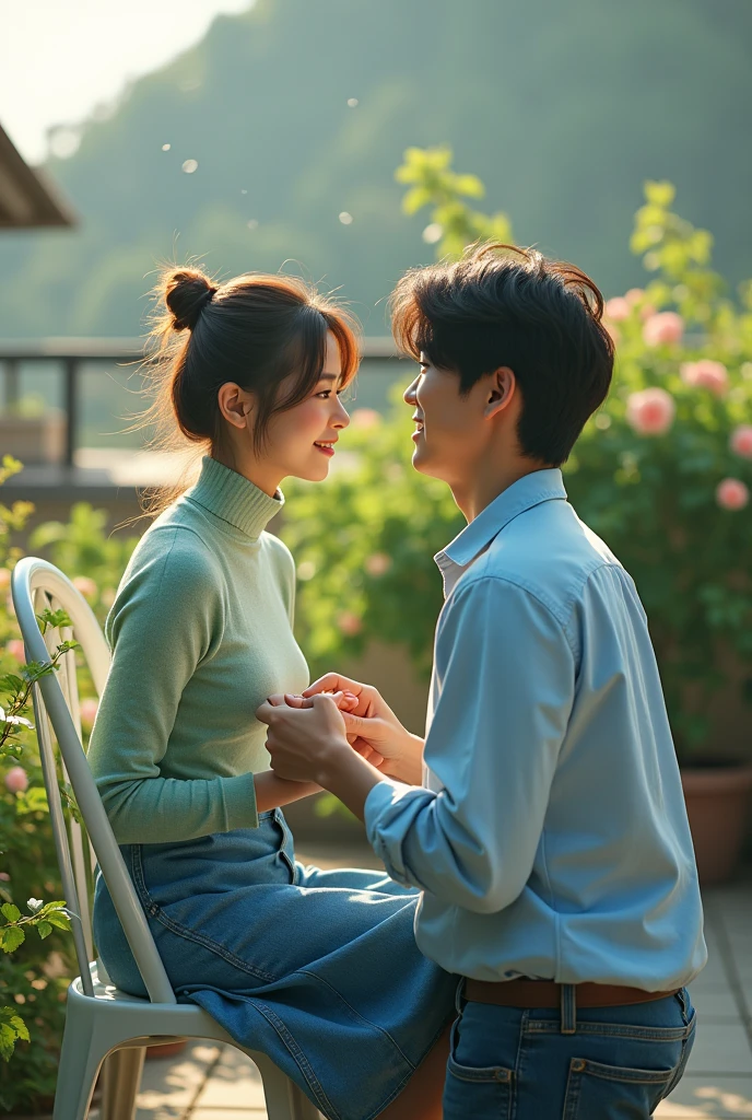 a beautiful japanese woman with messy bun highlighted brown hair, turtle neck light green ((floral print fabric)) inner top and blue jeans skirt, the woman is is sitting on the white garden chair in a rooftop garden, roses vines, the woman's face was sulky looking at the man's eyes, man is on his knee infront of woman and hold her hand. the man is handsome japanese man wearing loose ((satin)) light blue shirt and jeans. particles and nice lighting, UHD, HDR, 8k, Masterpiece, close up, realistic, hyper realisitc, man is facing camera, focus on his smiley face. photo taken from woman's back, over shoulder shot.