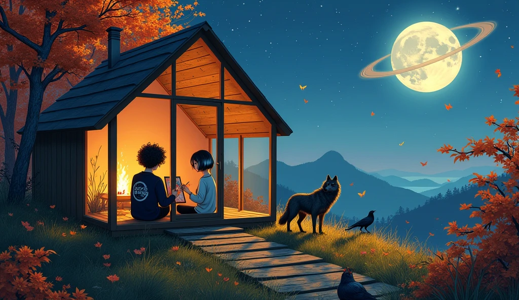 A Brazilian woman in a lush tropical garden, wearing an open shirt with a floral print, with a close-up capturing the harmonious beauty between her breasts and the natural flowers, showing off your natural charm and outgoing personality.Autumnal Landscape Under the Moon: On an autumn night, a couple stands in a glass cabin softly lit by a crackling fire. Do lado de fora, a forest full of cherry trees with colorful leaves falling in the wind. in the sky, the full moon shines brightly next to Saturn, surrounded by stars and a soft mist. Butterflies and crows fly around the cabin, while a wolf watches silently. The girl, with short black hair with white highlights, wearing a capybara sweatshirt, paints a picture of a cat looking out the window, while the boy, with curly hair and a mustache, reads an astronomy book, wearing a black shirt with space print. The style of the image combines the detailed touch of Van Gogh with the nuances of an RPG landscape., involving solitude and mystery.