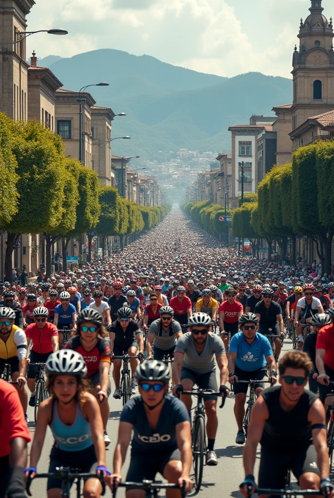 Create a youtube thumbnail in which there is a very large crowd of people riding bicycles in Bogotá 