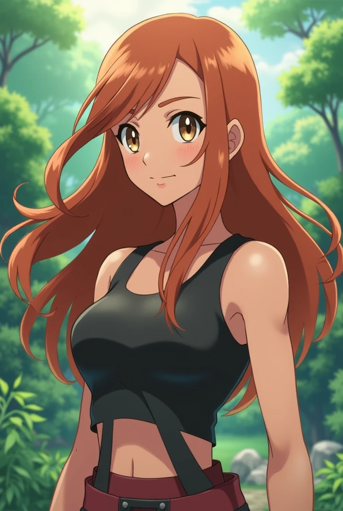 Female Pokemon Trainer, long, copper brown hair, Brown eyes, skin packed and with an absolute 