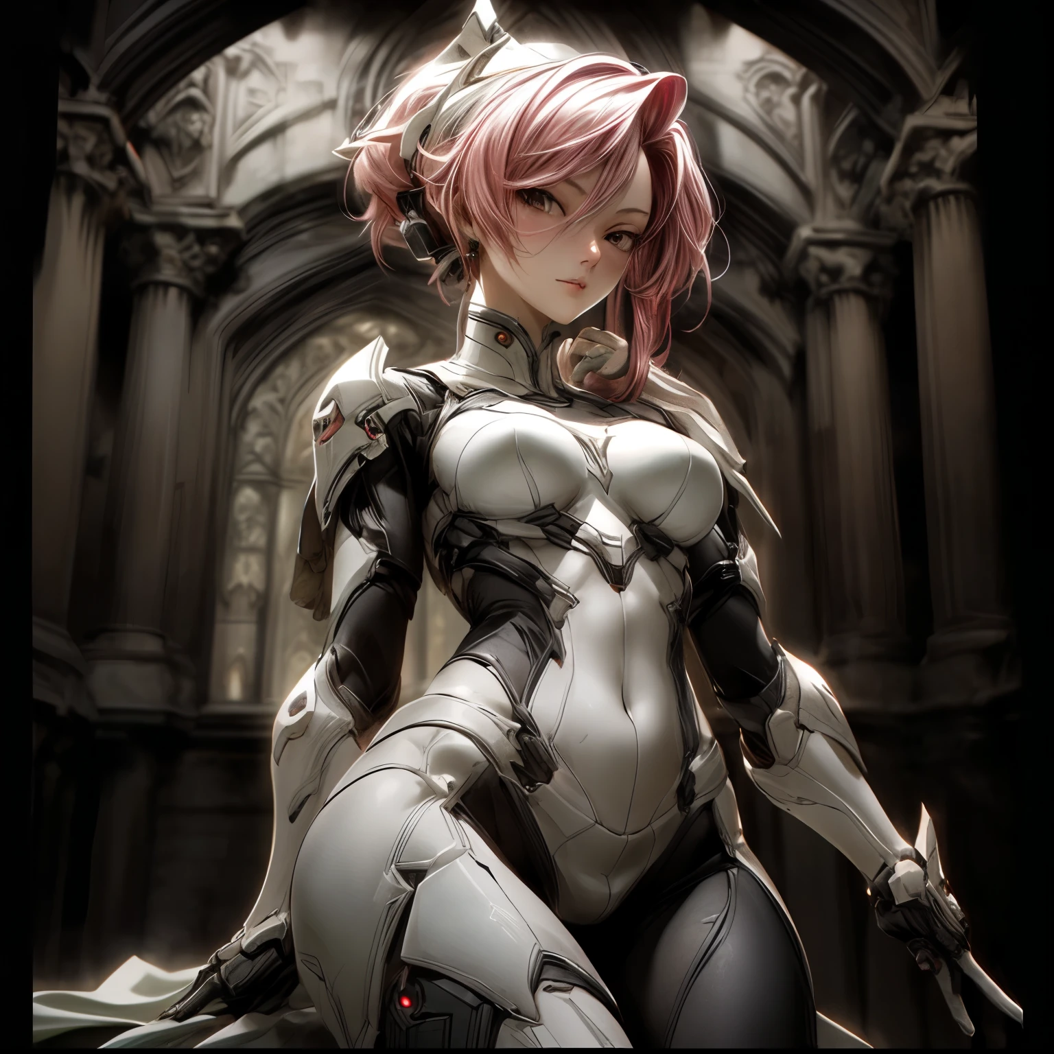 (best quality)), ((Masterpiece)), (details:1.4), 3d, HDR (high dynamic range), an image of a beautiful cyberpunk female, Hips up, cyberpunk, Sleek style, Pink hair, High ponytail, beautiful White eyes, จมูกโด่ง, ปากแดง, หน้าอกใหญ่, nvidia RTX, PBR surface, After processing, Anisotropic filtration,depth of field, Maximum clarity and clarity, multi-layered surface, Subsurface scattering, perfect proportions, 8K raw files, ultra detailed, Perfect proportions, volumetric lighting, soft lighting, Holy Paladin, Bio Armor, glossy skin, Castle background, jewely, ต่างหู, นิ้วมือสมบูรณ์,