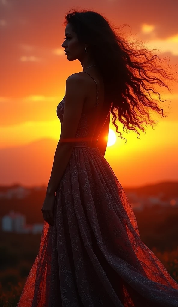 The following features can be seen in this image: 1.

 1. the woman's back is shown. Her long curly hair is swaying in the wind. 2. 2.
 The woman is wearing a gorgeous patterned dress with a wide hem. 3. 3.
 In the background is a beautiful sunset sky. The sun's rays are illuminating the woman's figure. 4.
 4. A small town can be seen in the distance.
 5. The overall atmosphere is mysterious and fantastic.
