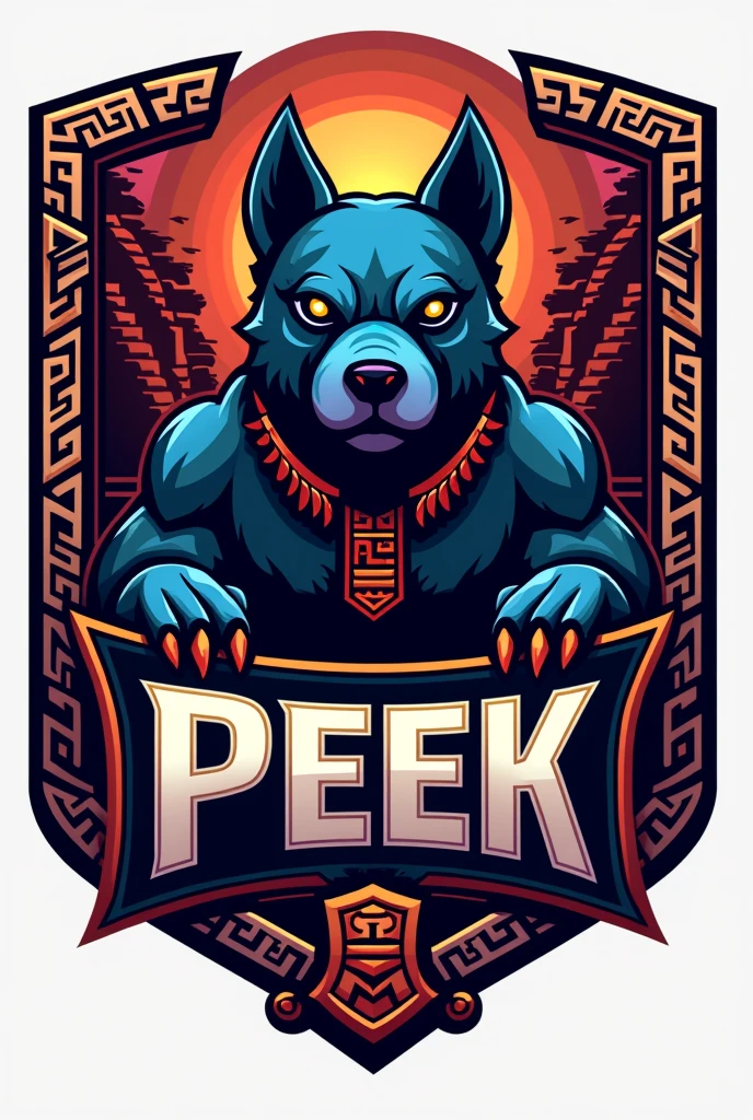 mayan style dog logo, for a sports team named Peek and that has striking colors but the dog looks imposing and that everything is surrounded by a border in the shape of a Mayan shield that has the name Peek with striking words that the border has more Aztec details that has the dog glyph that has more details of Mayan structures in the background and on the shield