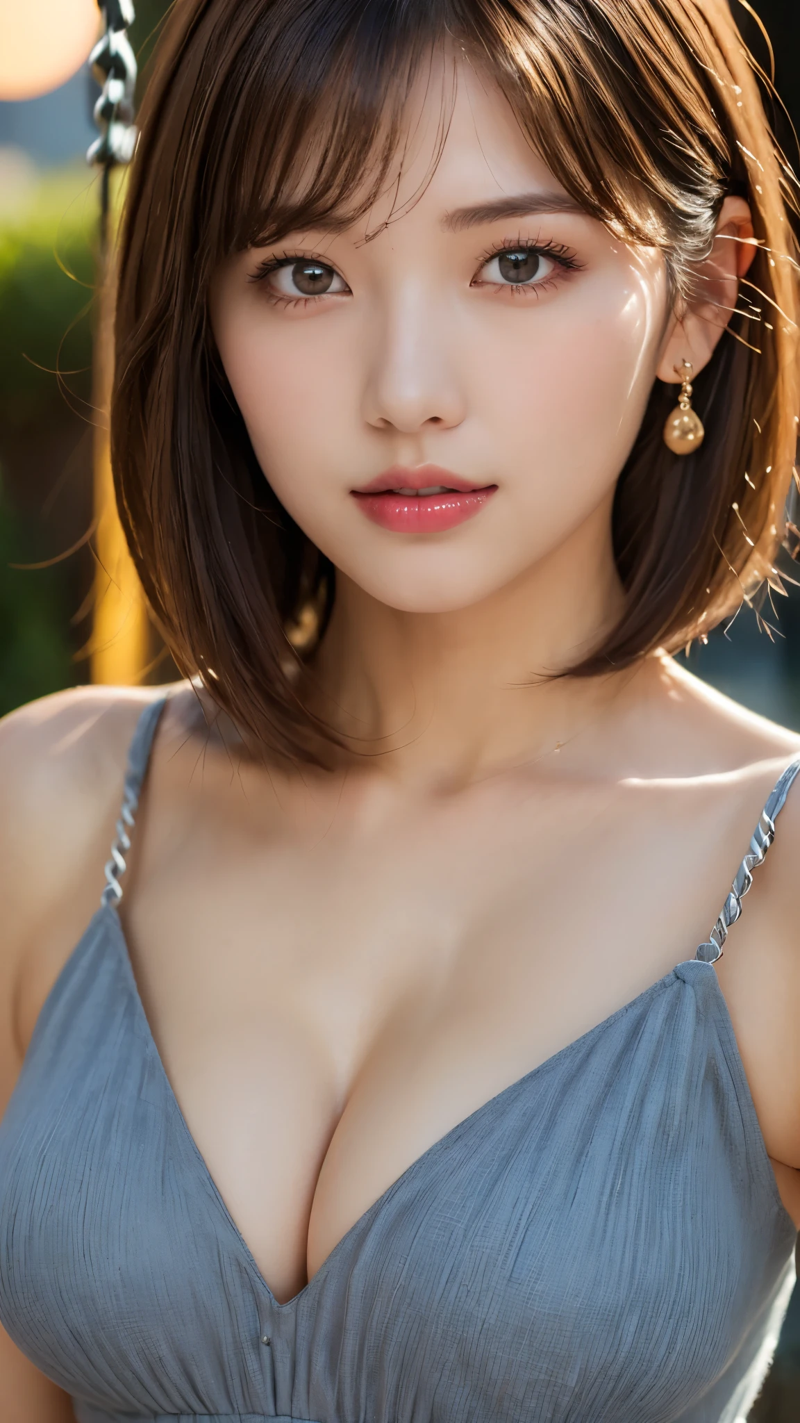 (Photorealistic, 32k, RAW photo, best quality:1.4), (masterpiece:1.3), (ultra high resolution, ultra realistic, highly detailed, golden ratio, ultra detailed), natural makeup, intricate cloth texture, finely detailed hair texture, beautiful full-body, perfect female form, anatomically accurate, highly detailed face and skin, (elegant hands), (realistic skin), (beautiful pale skin:1.1), (extreme close-up:2.0), (Oversized Breasts), (Wearing blue Swing Dress:1.5),
BREAK,
realistic eyes, captivating detailed eyes, symmetric eyes, light brown eyes, double eyelids, thin eyebrows, (glossy lips:1.4), (kissable expression, blush:1.3),
BREAK,
((short bob cut, dark brown hair, bangs:1.2)), (Late Night, Moonlit night, veranda:1.3)