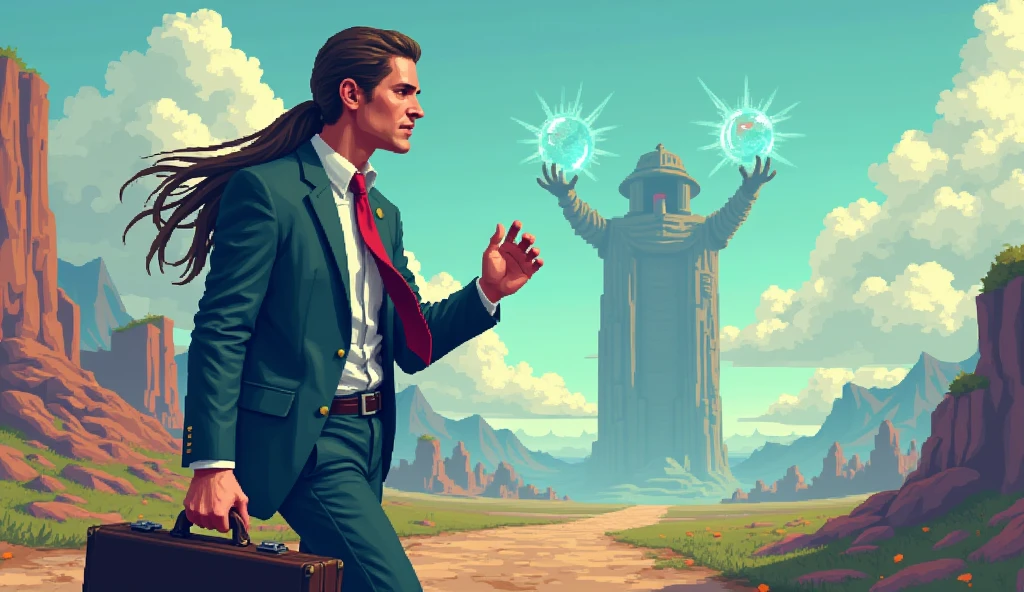  Pixel art man in suit and briefcase in hand long hair tied, talking and showing the Google searches that are giants behind him, pixel world Pixel art, fantasy and pixel world