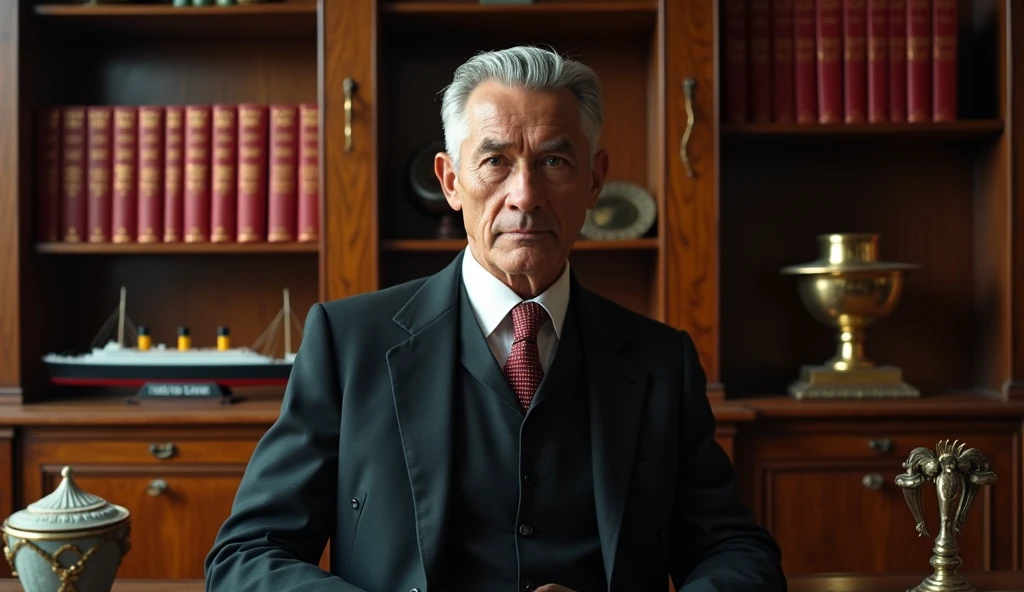 A captivating cinematic photograph set in a luxurious 1912 London office in England. A distinguished 60-year-old man is dressed in a handsome executive suit with a luxurious silk tie, sporting well-cut silver hair. The mahogany wooden desk is adorned with a row of large red-leather-bound encyclopedias of the Horses, standing proudly on a massive solid wood shelf with wooden engravings. On the desk, a miniature of the RMS Olympic and RMS Titanic ships can be seen, along with a plaque inscribed with "Star LINE". The overall atmosphere of the photograph exudes elegance and sophistication, with a nod to the architectural and historical details of the era., portrait photography, cinematic, photo, architecture
