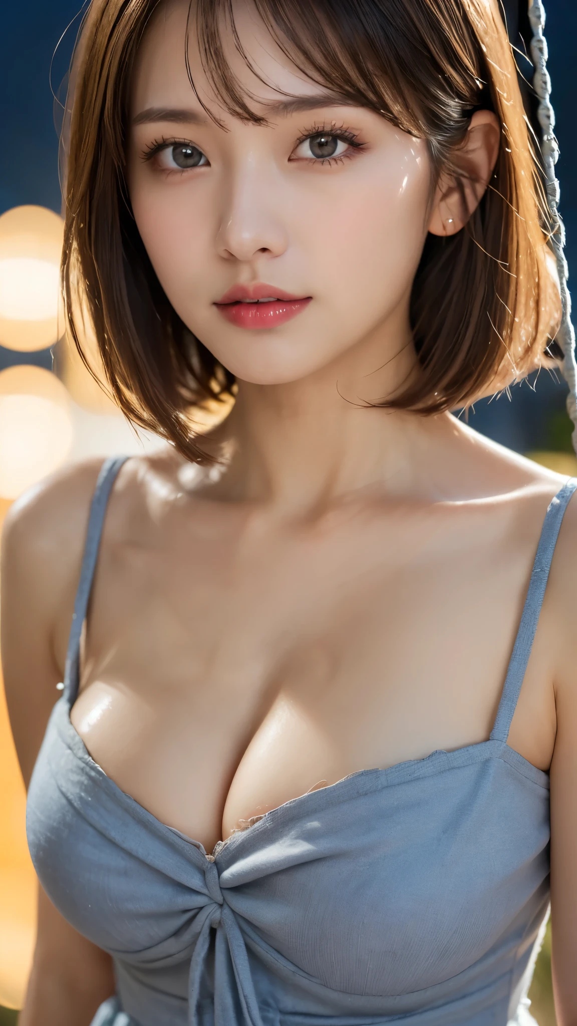(Photorealistic, 32k, RAW photo, best quality:1.4), (masterpiece:1.3), (ultra high resolution, ultra realistic, highly detailed, golden ratio, ultra detailed), natural makeup, intricate cloth texture, finely detailed hair texture, beautiful full-body, perfect female form, anatomically accurate, highly detailed face and skin, (elegant hands), (realistic skin), (beautiful pale skin:1.1), (extreme close-up:2.0), (Oversized Breasts), (Wearing blue Swing Dress:1.5),
BREAK,
realistic eyes, captivating detailed eyes, symmetric eyes, light brown eyes, double eyelids, thin eyebrows, (glossy lips:1.4), (kissable expression, blush:1.3),
BREAK,
((short bob cut, dark brown hair, bangs:1.2)), (Late Night, Moonlit night, veranda:1.3)