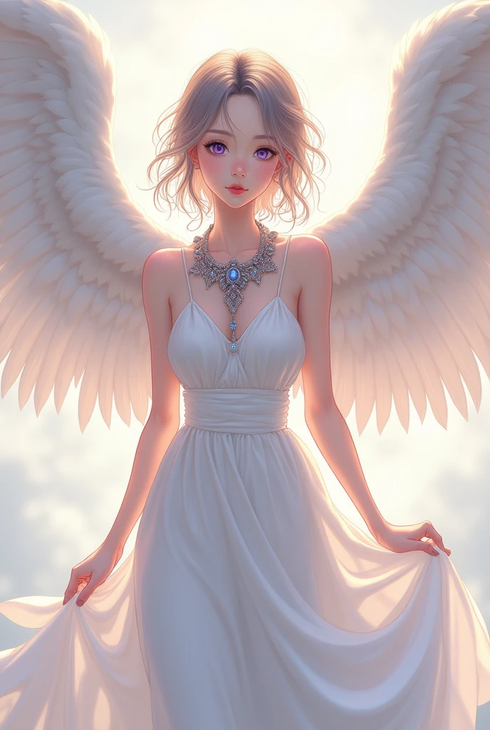 Anime Angel purple white dress with huge wings and wearing beautiful necklace
Yenyen Qhiu words in the picture