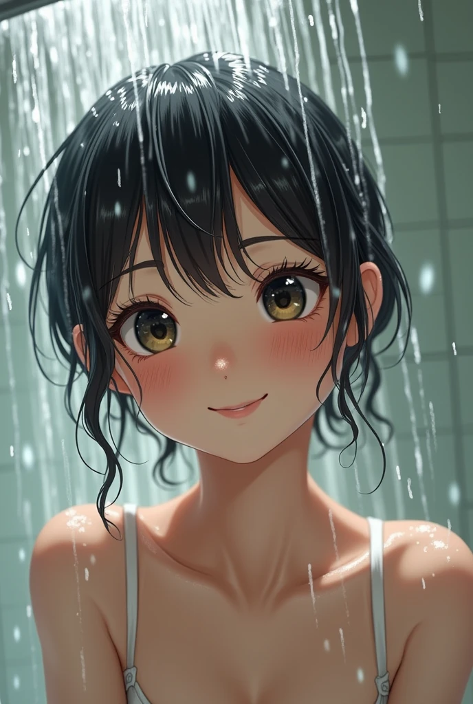 (8k, Top quality, Masterpiece:1.2), (Realistic, photo-realistic:1.37), Super detailed, perfect anatomy, cute, small eyes, 1, a Japanese, girl, shorts, take a shower, splash of water, wet hair, sweat body, smile,