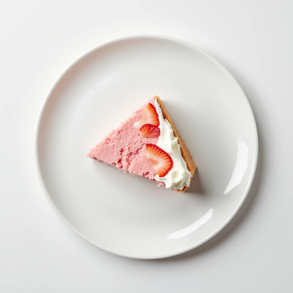 "Top-down angle focusing on a patternless white plate with a neatly arranged slice of strawberry cream cake on a patternless white table."
