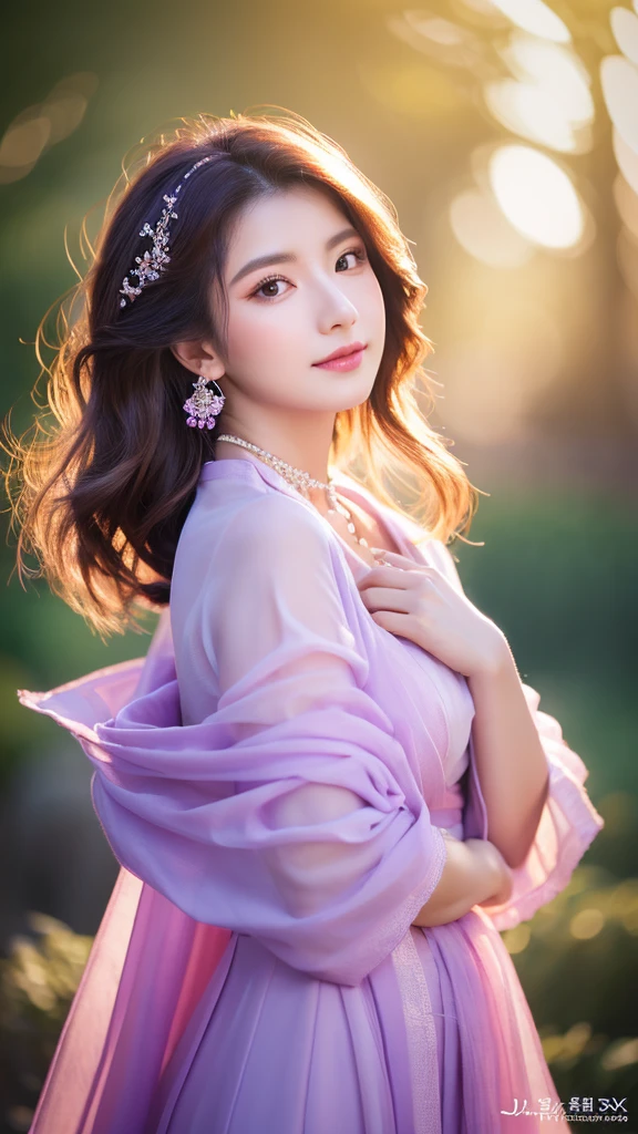 最high quality, masterpiece, High resolution, One person, Chinese Hanfu,Chinese Architect Background, Light purple scarf, hair ornaments,necklace, jewelry,Beautiful Face,On top of that_body, Tyndall effect,Realistic, Dark studio, Rim Light, Two-tone lighting,(Skin with attention to detail:1.2), 8k uhd, Digital SLR, Soft lighting, high quality, Volumetric lighting, Frank, photograph, High resolution, 4K, 8k, Bokeh,Girl in light purple dress