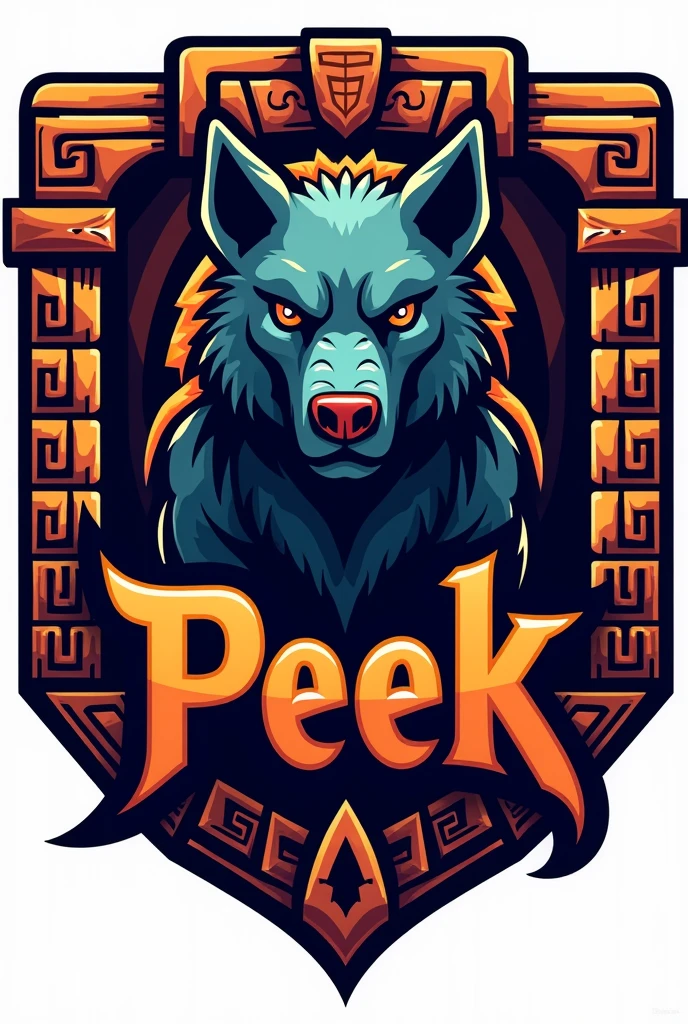 mayan style dog logo, for a sports team named Peek and that has striking colors but the dog looks imposing and that everything is surrounded by a border in the shape of a Mayan shield that has the name Peek with striking words that the border has more Aztec details that has the dog glyph that has more details of Mayan structures in the background and on the shield