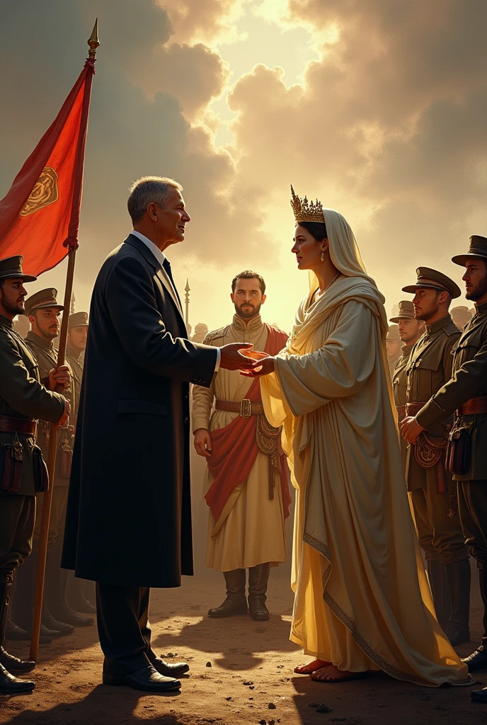 The President, after winning a battle, proclaims the Virgin as Marshal of the Forces, Soldiers celebrate.