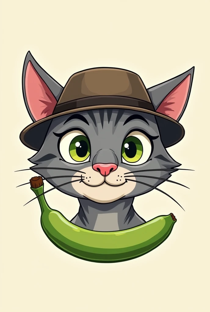 Gray Bengal cat head with hat and green banana logo cartoon