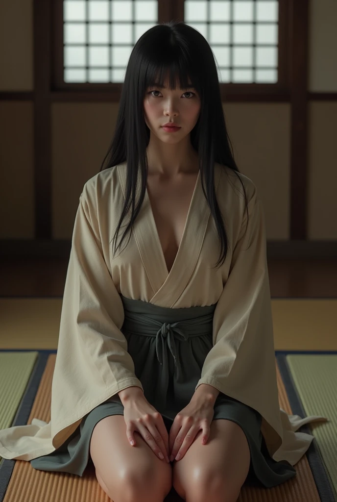 Sit on tatami, Full-body, floor, in under jail , Front view , the Edo period, a Japaneses ancient girl, looking at viewer, erotic Japanese girl is 20 years old, (Black hair ,long hair, Hime cut, Brown eye, little Lips, serious,wooden cross neck-less ), (big breasts, wide hip), (obi) (, ((Surrealism, Verism, UHD, retina, masterpiece, anatomically correct, accurate, textured skin, super detail, high details, high quality, best quality, highres, 8k))