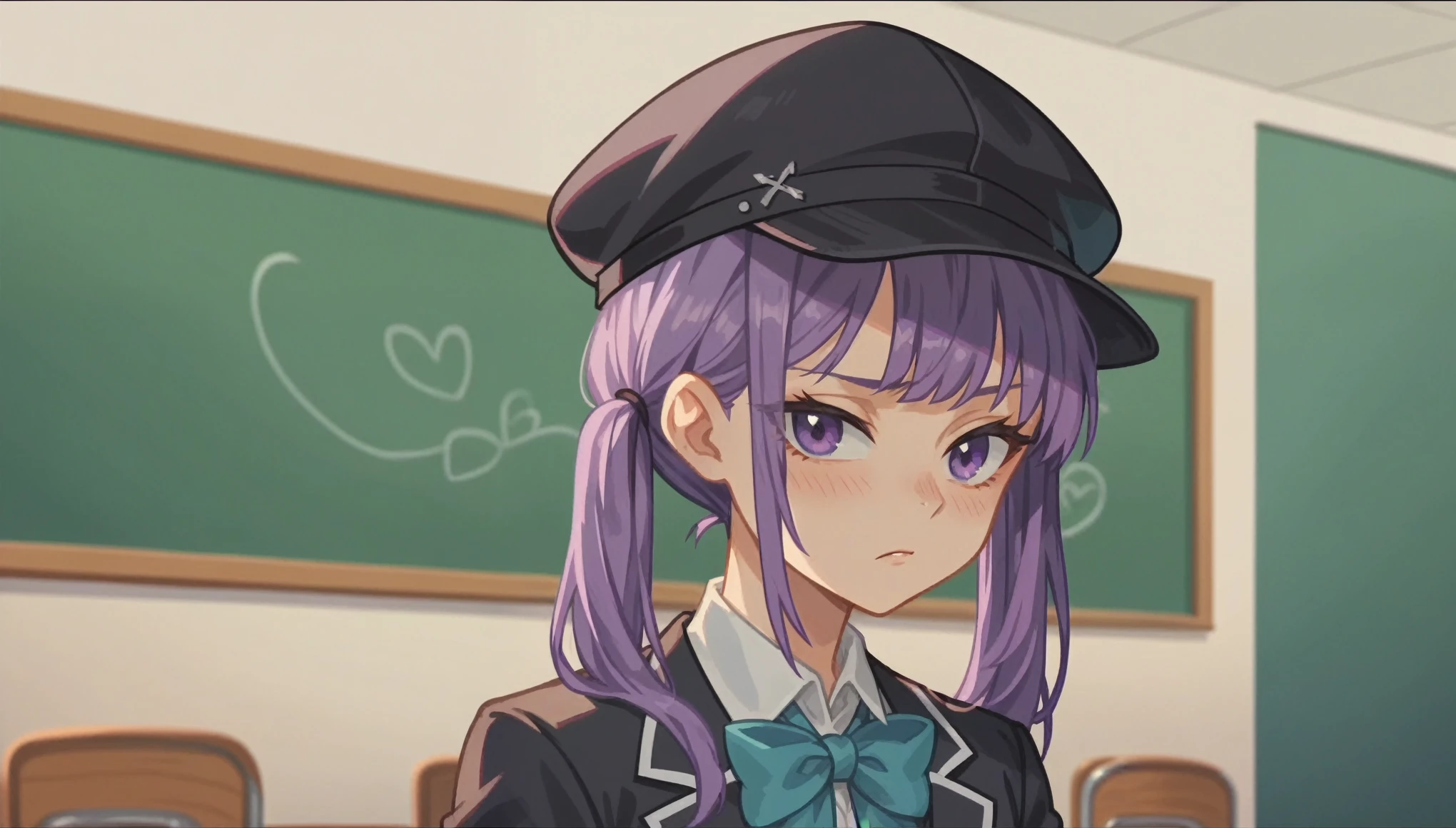 1girl, solo, school on background, black hat with purple stripe, black school uniform, bow on hat, bow tie, purple hair, purple eyes, screencap, minimalistic,