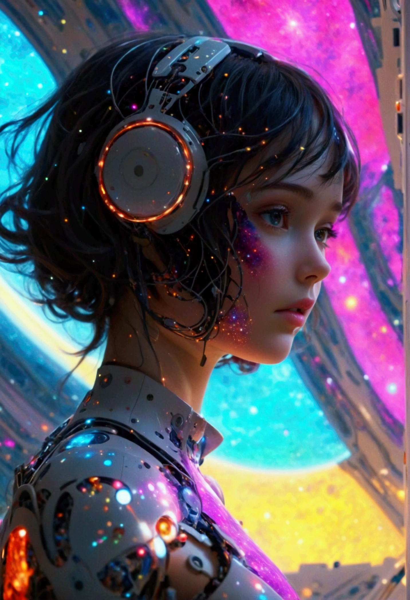 create a photorealistic of the most sophisticated and complex girl human can possible do assisted by AI in exploring the universe