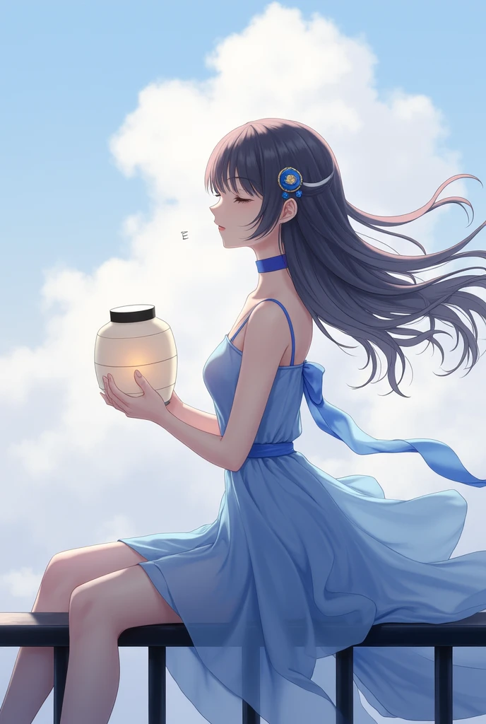 1girl, solo, lantern, wind, own_hands_together, sky, hair_ornament, cloud, bare_shoulders, closed_eyes, dress, paper_lantern, outdoors, choker, sitting, from_side, profile, blue_choker, blue_dress, floating_hair, railing, cloudy_sky, closed_mouth, scenery, own_hands_clasped