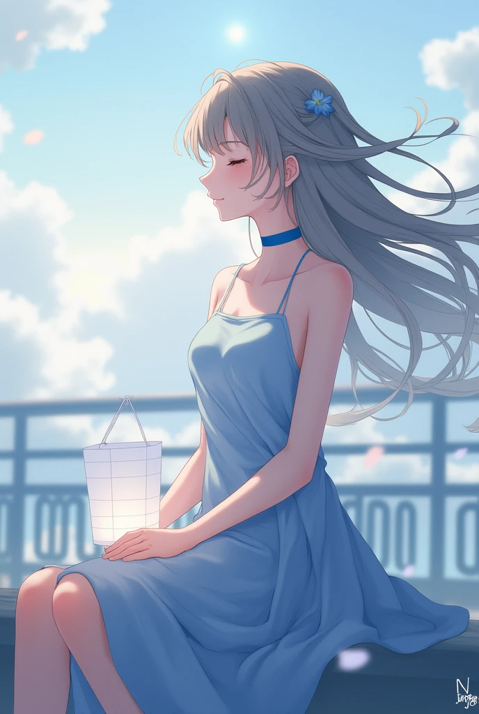 1girl, solo, lantern, wind, own_hands_together, sky, hair_ornament, cloud, bare_shoulders, closed_eyes, dress, paper_lantern, outdoors, choker, sitting, from_side, profile, blue_choker, blue_dress, floating_hair, railing, cloudy_sky, closed_mouth, scenery, own_hands_clasped