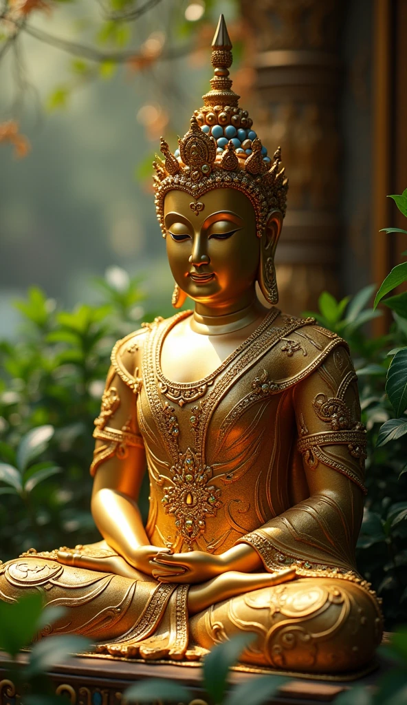 a buddha statue in a temple, intricate detailed sculpture, ornate gold and jewel-encrusted, dramatic lighting, serene expression, peaceful meditation pose, lush green foliage surrounding, ethereal atmosphere, cinematic composition, award-winning digital art, vibrant colors, masterpiece, 8k, hyperrealistic, photorealistic