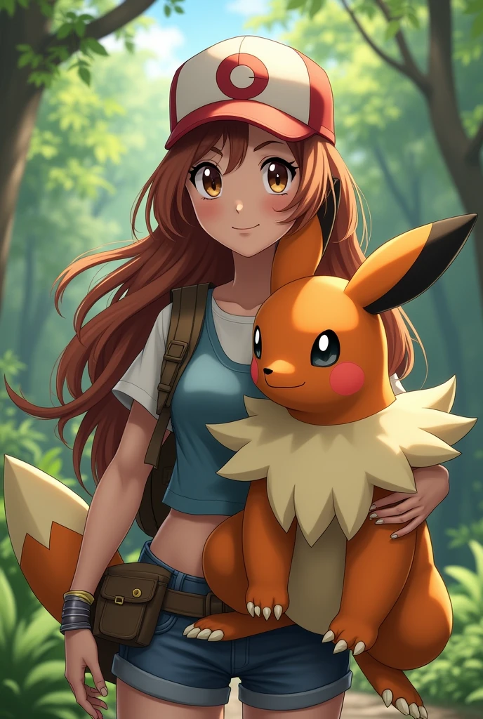 Female Pokemon Trainer, long, copper brown hair, Brown eyes, Puffy skin and an absolute Pokémon next to it