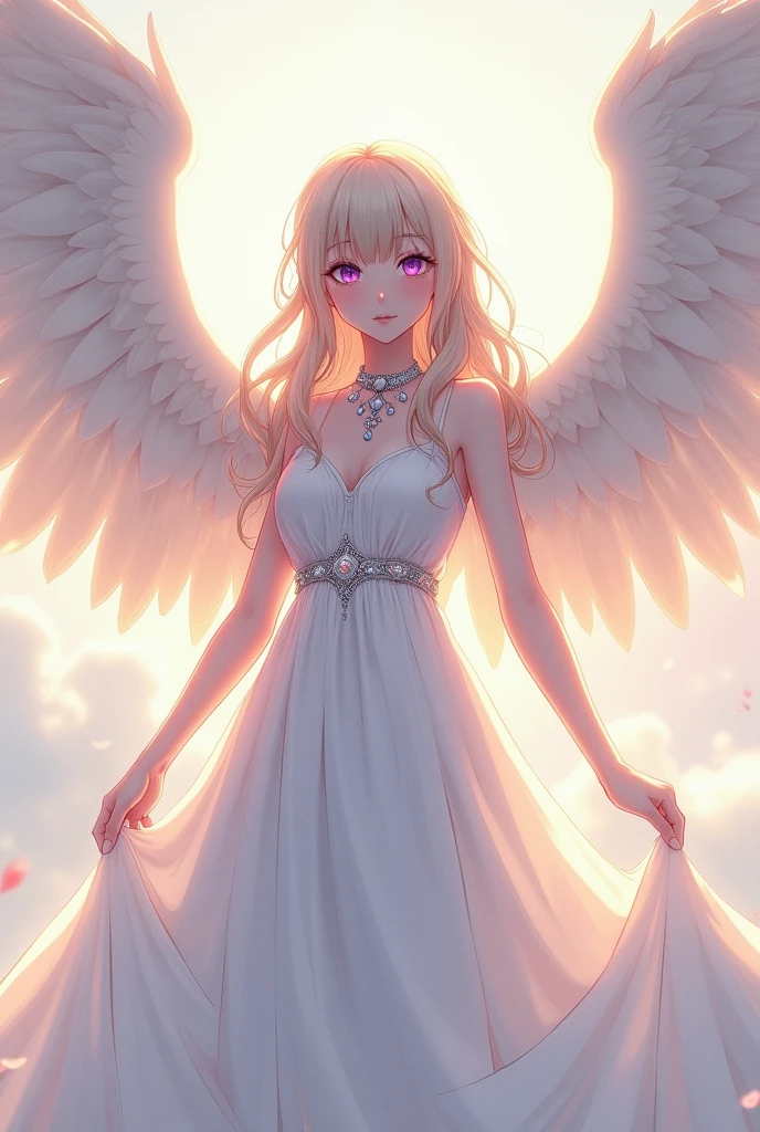 Anime Angel purple white dress with huge wings and wearing beautiful necklace

 Yenyen Qhiu words in the picture