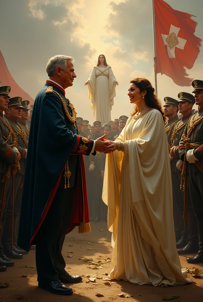 The President, after winning a battle, proclaims the Virgin as Marshal of the Forces, Soldiers celebrate.